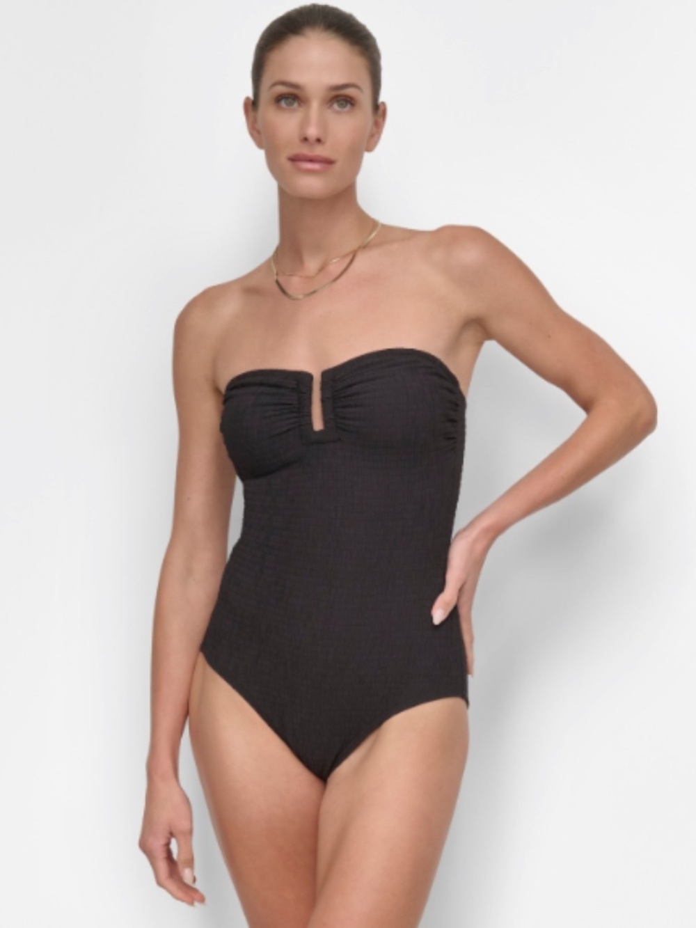 Dkny Women's Textured Shirred One-Piece Swimsuit Black Texture Size L 20020